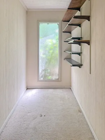 Functional shelving and a sun-filtering window create a versatile storage space.