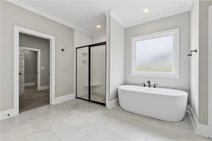 Luxurious bathing retreat features a sleek soaking tub and a spacious walk-in shower.