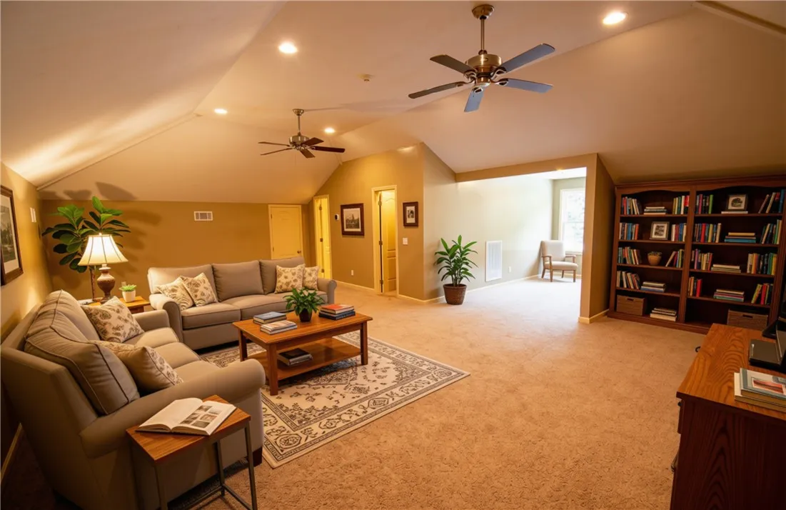 Virtually staged image - Sloped ceilings and recessed lighting define this spacious living area with built-in shelving.