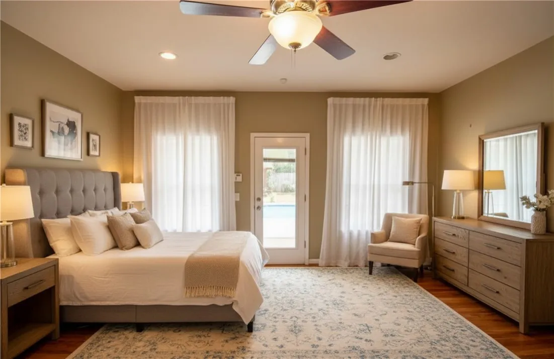 Virtually staged image - Relaxing primary bedroom offers ample space, warm wooden flooring, and convenient outdoor access to the pool.
