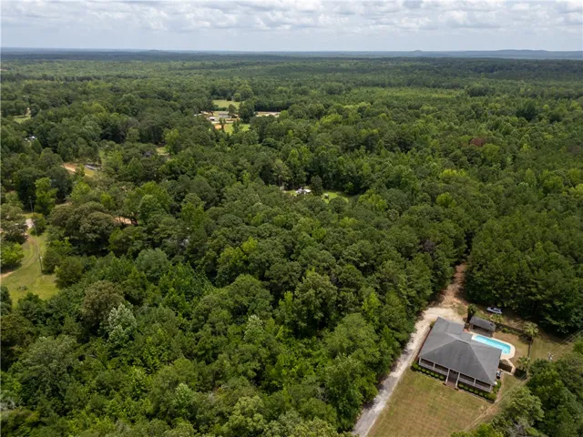 An aerial perspective reveals a secluded estate nestled within a verdant forest, complete with a private swimming oasis.