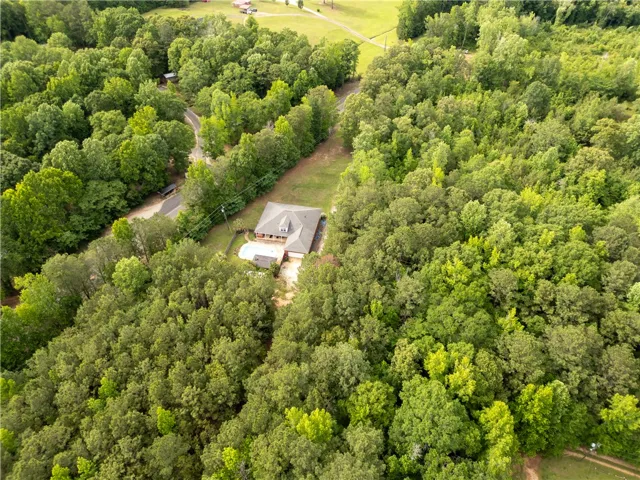 An aerial perspective reveals a secluded residence nestled within a vast expanse of verdant woodlands.