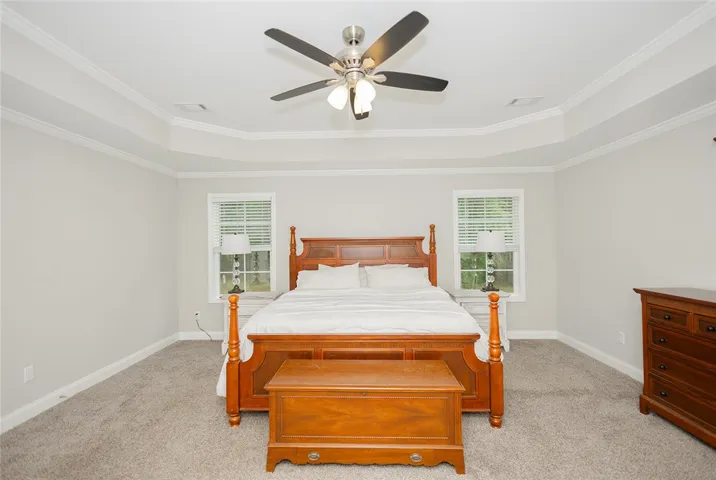 The primary bedroom features a tray ceiling, ceiling fan, and ample natural illumination from twin windows.