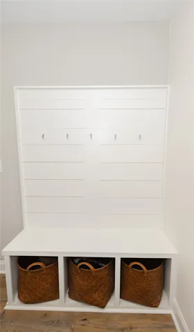 Functional mudroom with convenient hooks and cubbies.