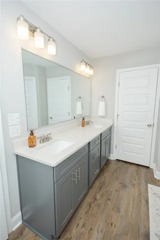 Dual vanities with sleek cabinetry create a functional and organized primary bathroom.