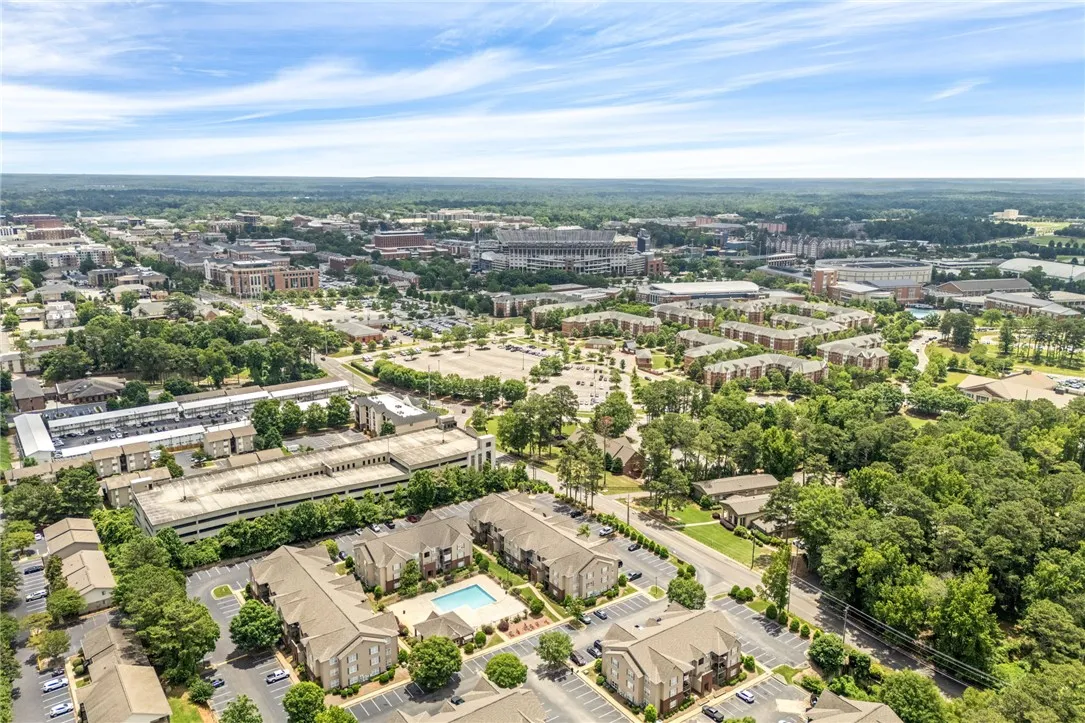 An aerial panorama reveals a dynamic residential and commercial landscape, nestled among lush, mature trees.