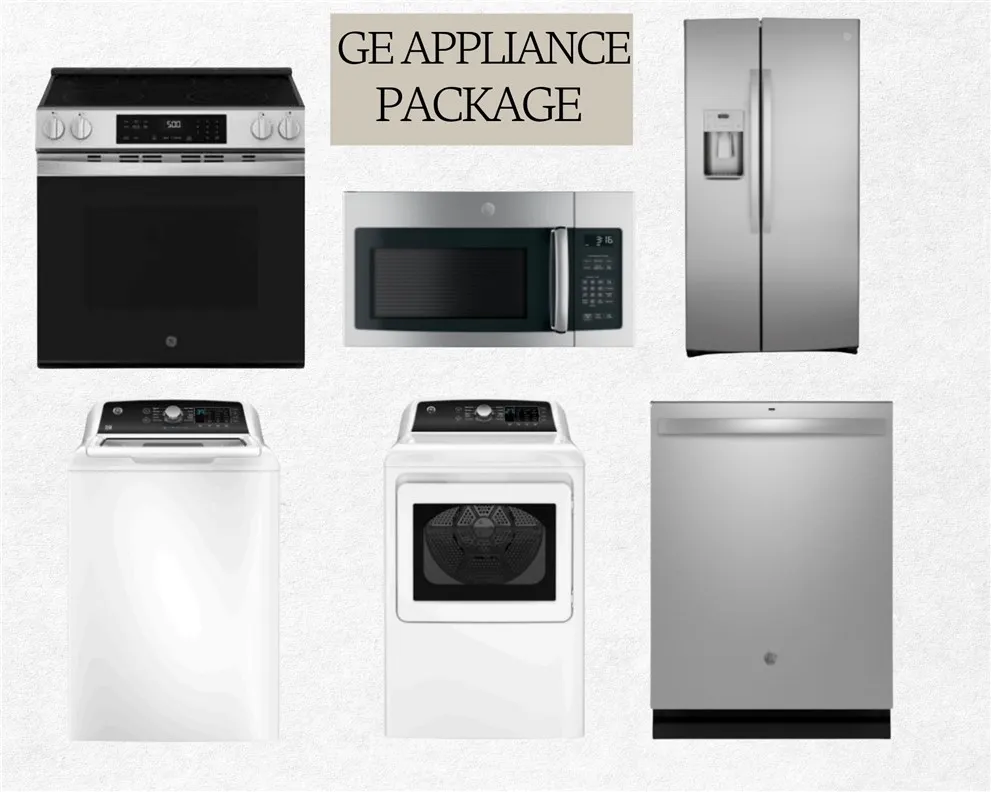 Essential appliances for modern living, including a range, microwave, refrigerator, washer, dryer, and dishwasher.