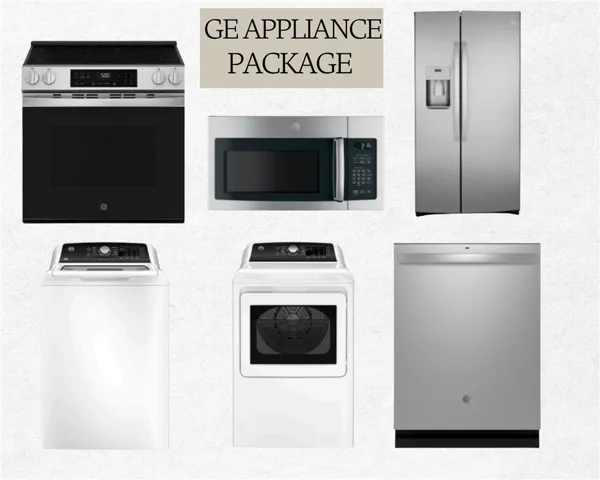 Essential appliances for modern living, including a range, microwave, refrigerator, washer, dryer, and dishwasher.