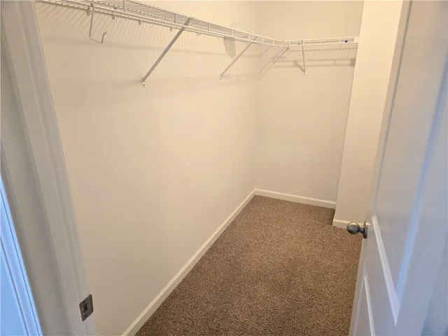 Ample storage solutions await in this practical, carpeted closet space.