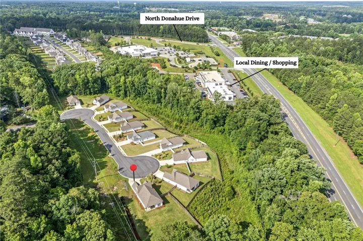 An aerial perspective showcases a vibrant community nestled within abundant greenery, offering both residential tranquility and convenient access to commercial amenities.