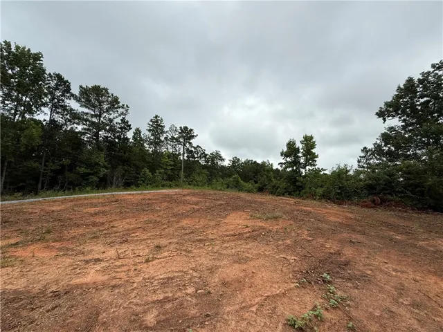 A cleared building site offers a serene setting surrounded by mature trees and natural greenery.