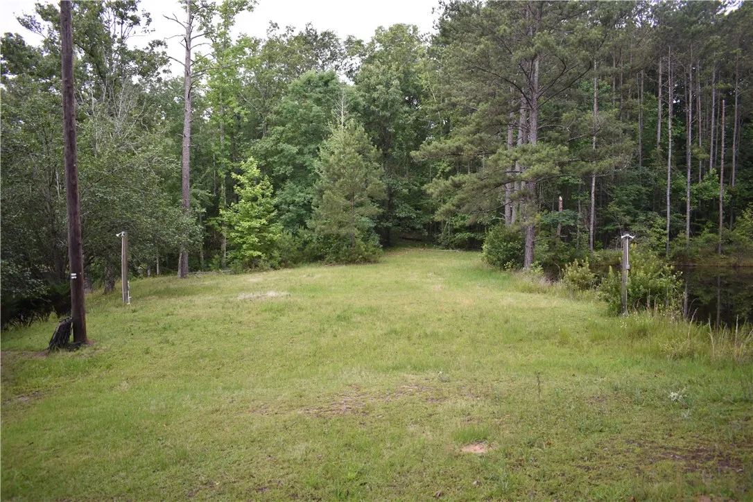 A tranquil, well-maintained lawn unfolds toward a serene pond, embraced by a lush, verdant forest.