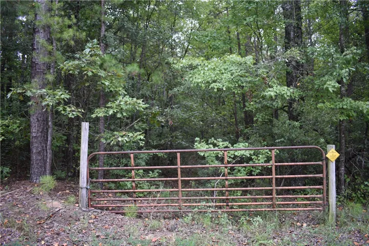 Secure access to a heavily wooded acreage with a robust metal gate, perfect for privacy and tranquility.