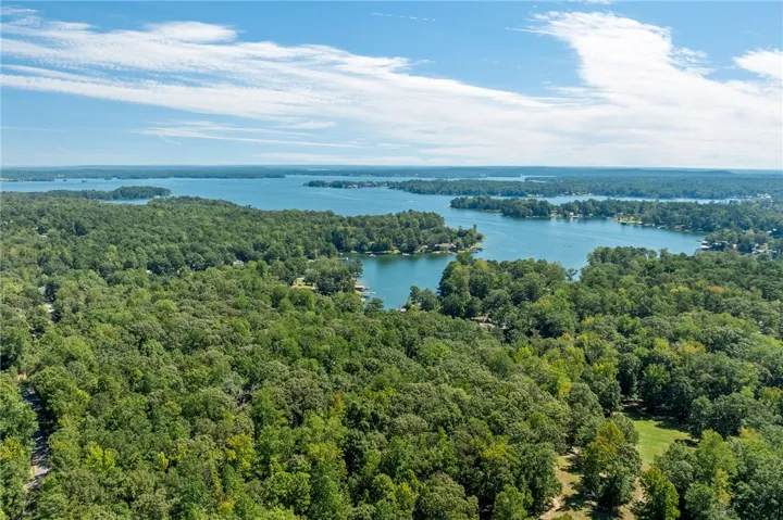 An aerial perspective reveals lush woodlands embracing a vast, shimmering lake under a bright sky.