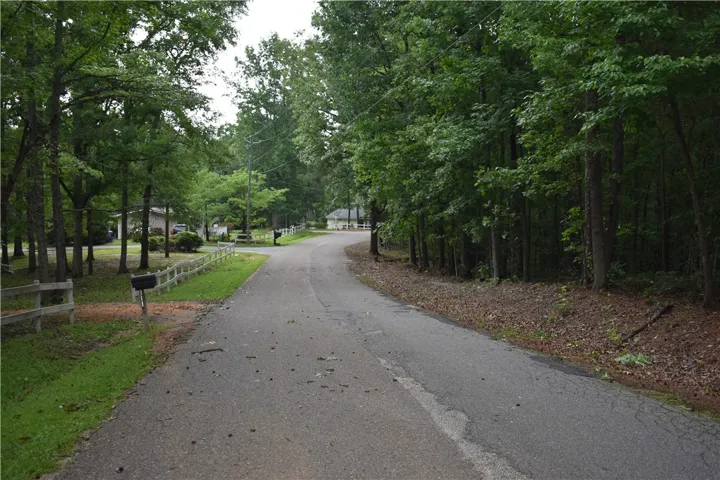 A private driveway gracefully curves through a wooded landscape, leading to tranquil residences.