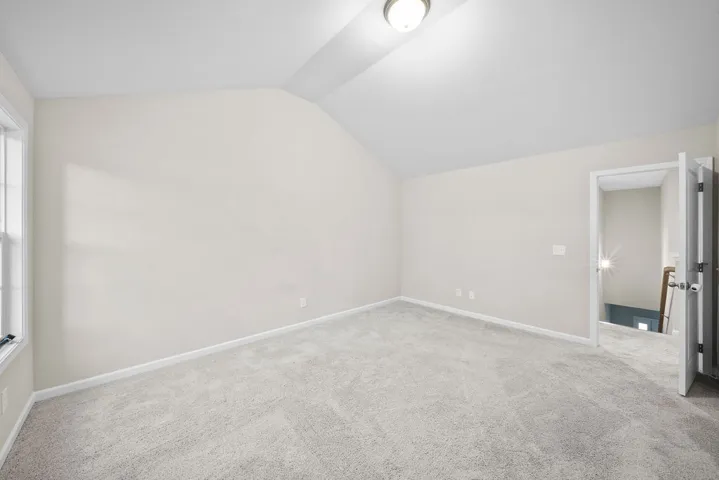 Discover a naturally illuminated bedroom with high vaulted ceilings and plush carpeting.