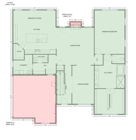 A well-designed first-floor plan outlines a convenient layout with a spacious primary bedroom and a connected garage.