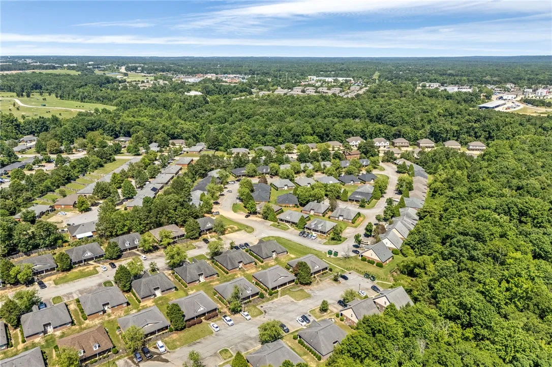 An aerial perspective reveals a harmonious community nestled amidst a verdant landscape.