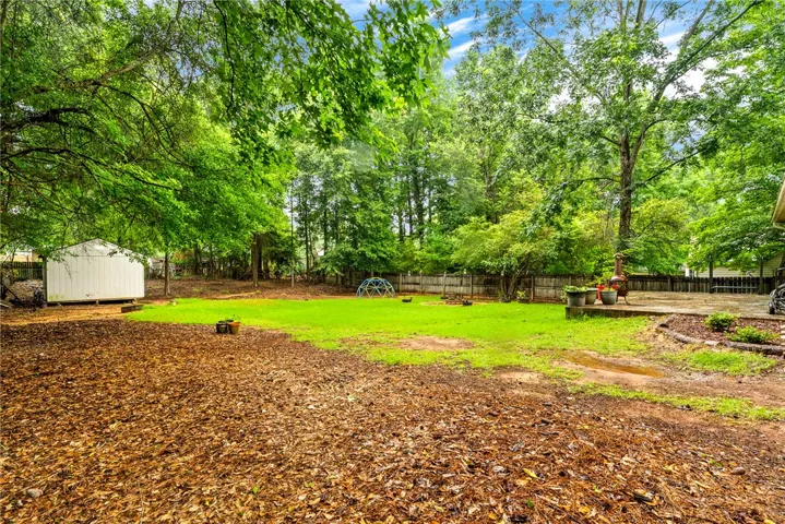 A spacious backyard provides ample green space and a dedicated area for outdoor activities.