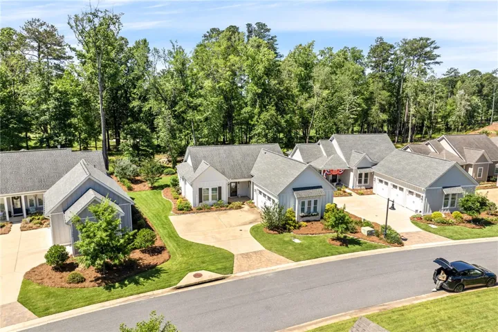 An aerial view showcases a row of charming homes nestled among lush green lawns and a dense treeline.