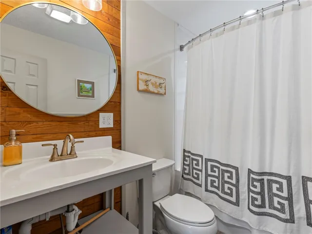 Functional full bathroom with ample light and classic wood-paneled accents.