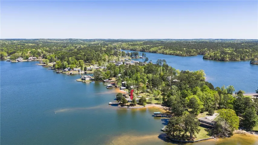 An aerial perspective reveals a serene lakefront community with lush green trees and clear blue water.