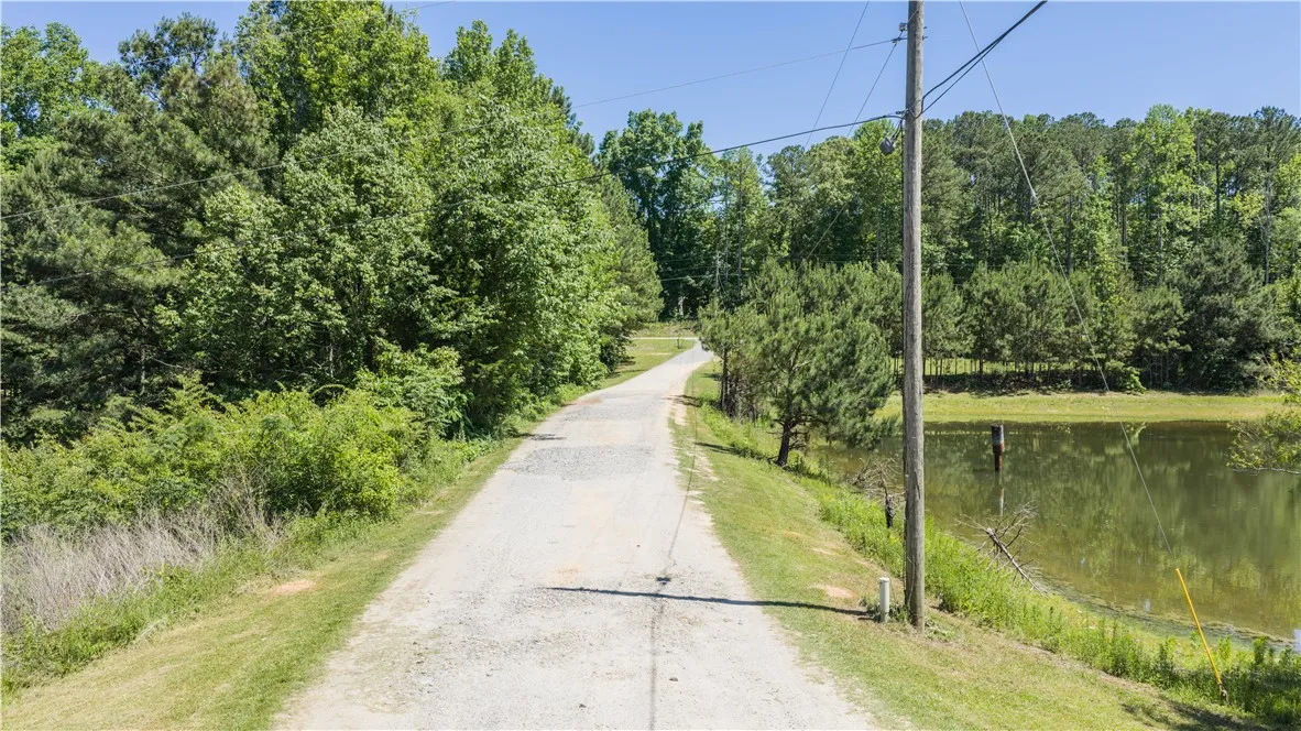A private gravel road winds through lush trees, leading to a tranquil pond, perfect for serene living.