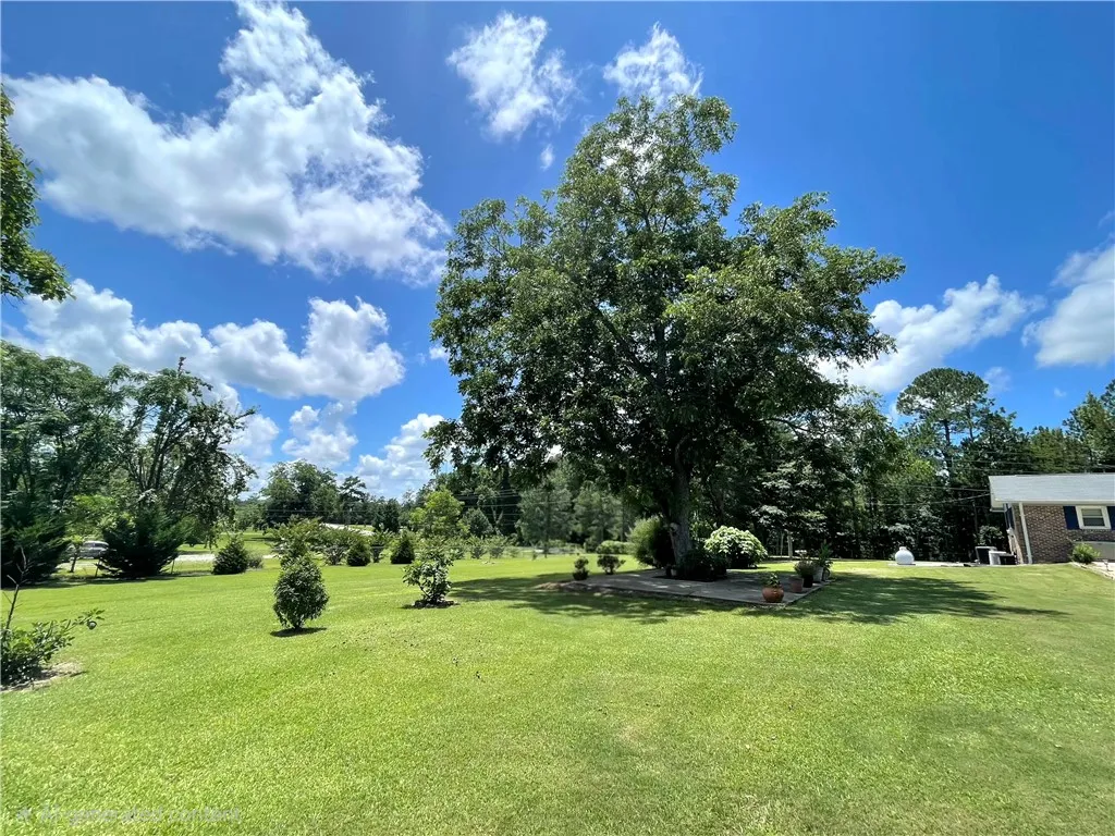 A sprawling green lawn offers ample space for outdoor enjoyment beneath a clear sky.
