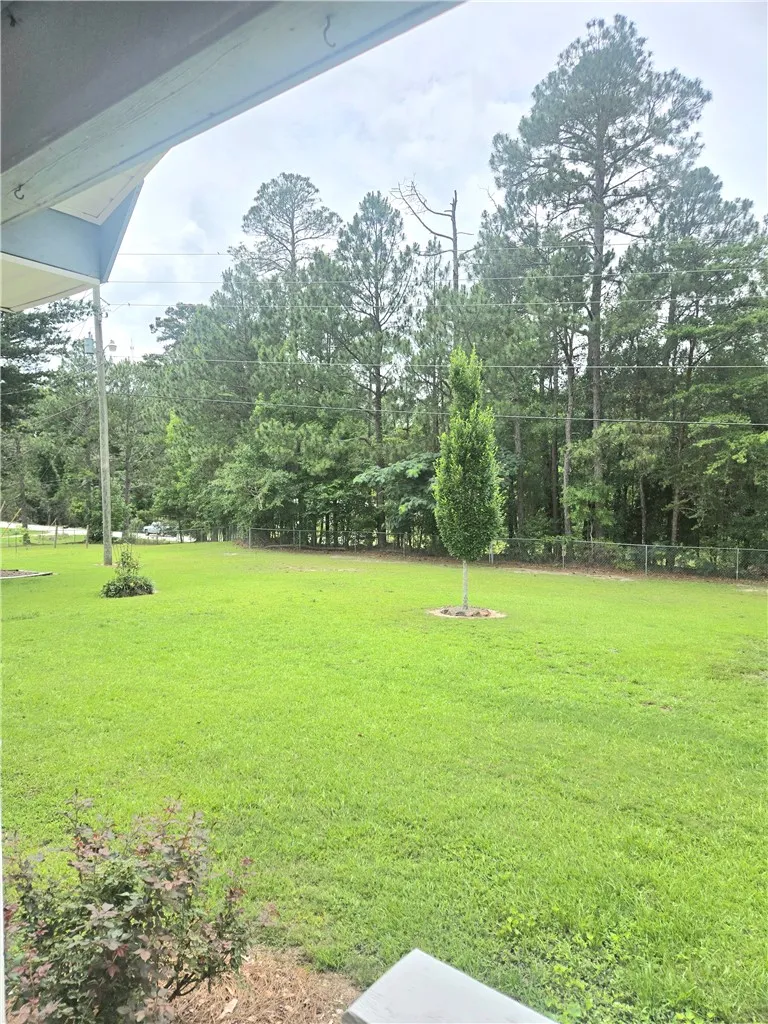 A spacious, well-maintained lawn bordered by a mature tree line.