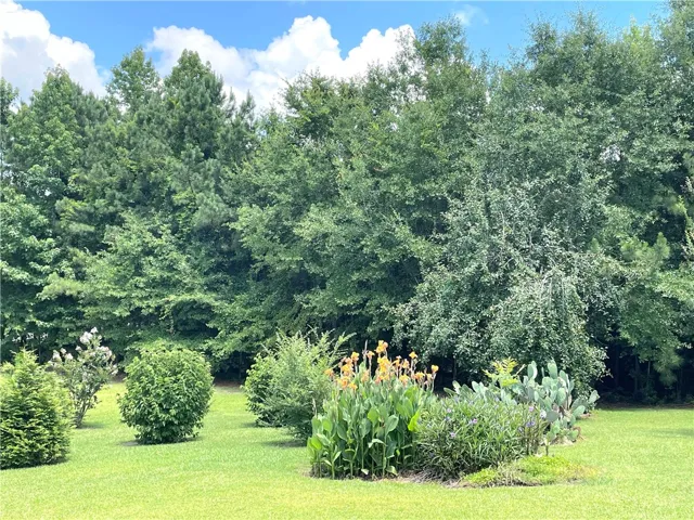 Tons of landscaping and mature trees, creating a private outdoor retreat.