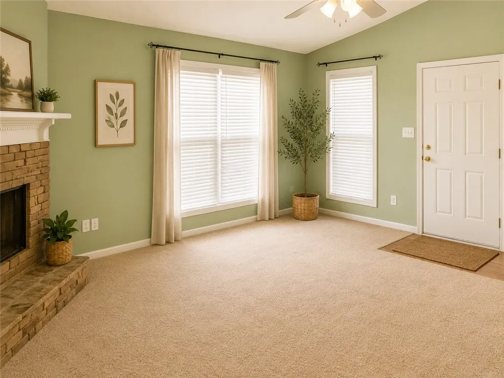 Virtual Staging. brick fireplace, soft carpet, and a welcoming entry door.
