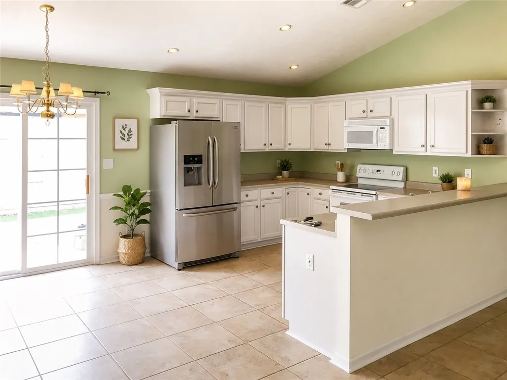 A well-equipped kitchen features ample counter space, bright cabinetry, and a spacious tile floor.