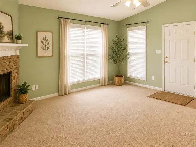 Virtual Staging. brick fireplace, soft carpet, and a welcoming entry door.