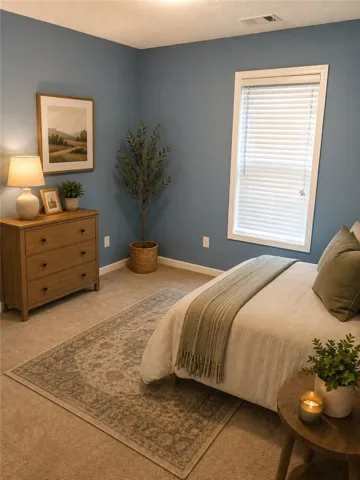 A comforting bedroom features plush carpeting and a large window, creating a serene personal retreat.