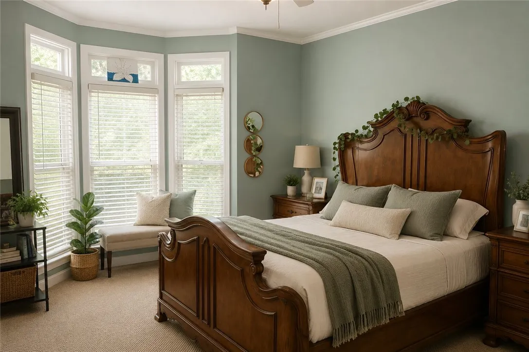 Ornate bedframe grounds a tranquil bedroom with bay windows overlooking greenery.