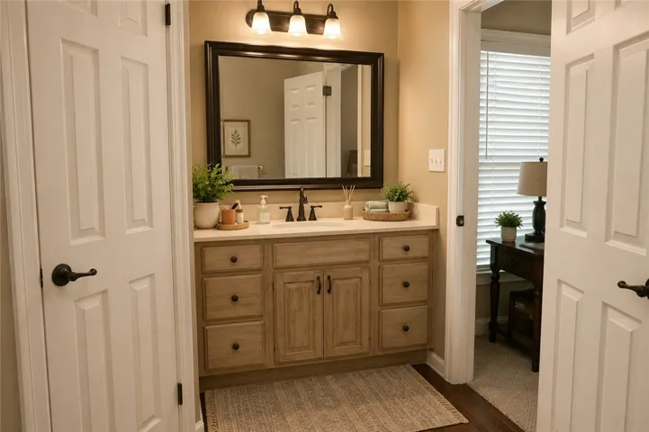 A well-appointed bathroom vanity with ample storage and a warm, inviting ambiance.