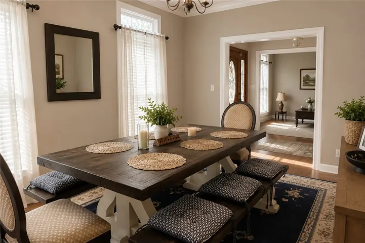 A welcoming dining space featuring a robust wooden table and classic lighting, perfect for gatherings.