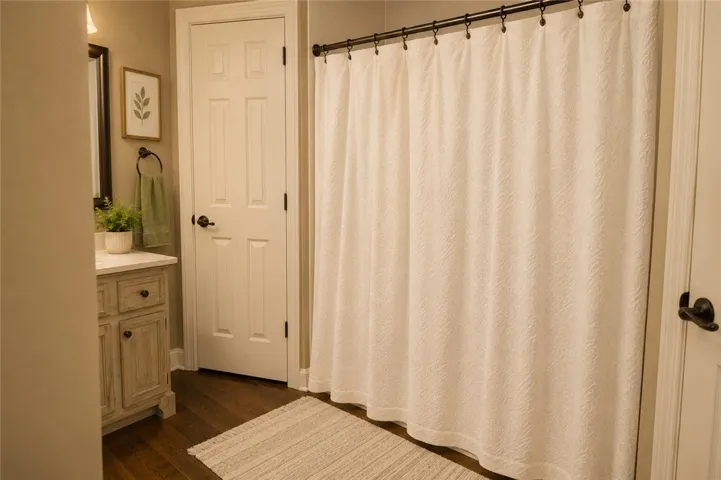 Hardwood floors and a vanity with a mirror combine for a stylish bathroom.