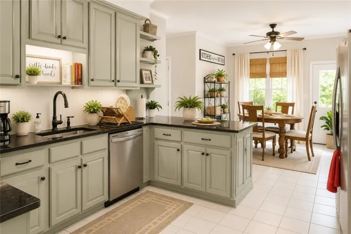 A well-appointed culinary space featuring sleek countertops and ample cabinetry, seamlessly connected to a bright dining area.