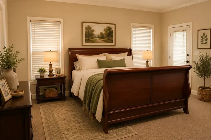 Naturally illuminated sleeping quarters provide serene comfort, with warm toned carpeting and a private exterior access door.