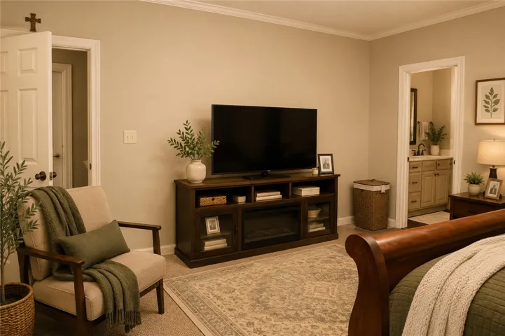 Relax in this peaceful sleeping area, with a plush rug complementing the comfortable flooring.