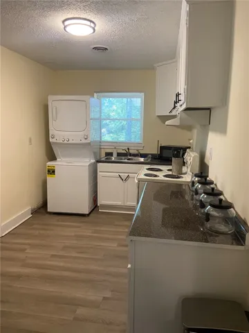 Functional kitchen offering ample counter space and integrated laundry facilities.