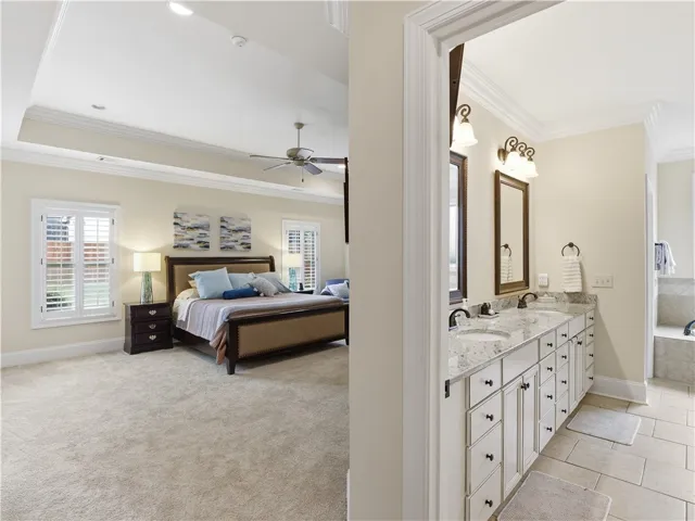 A well-appointed primary suite boasts a tray ceiling and a luxurious ensuite bathroom with dual vanities.