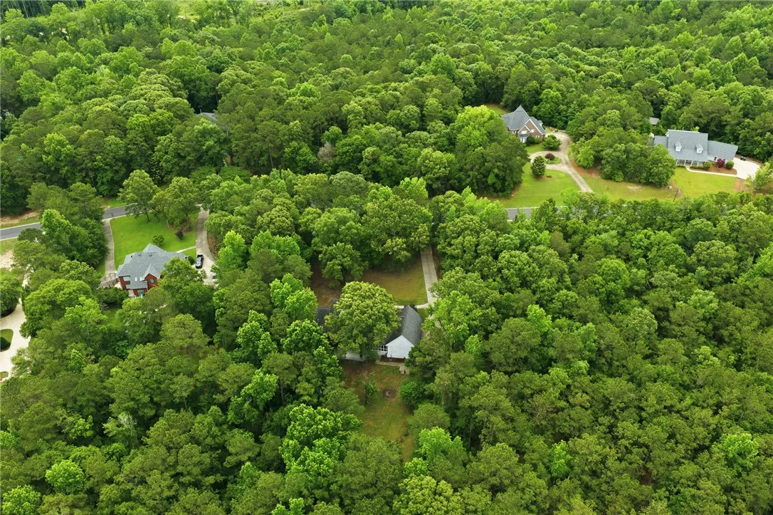 Mature woodlands envelope the private residential properties shown in this high-angle view.