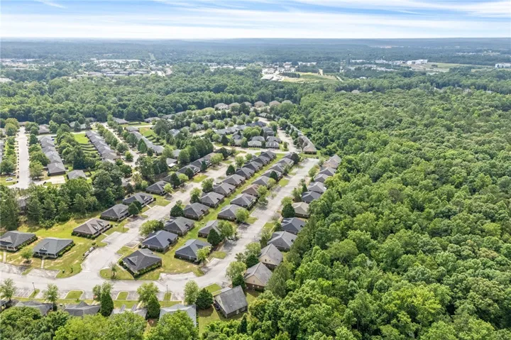 An aerial perspective reveals a serene residential community nestled among verdant woodlands.