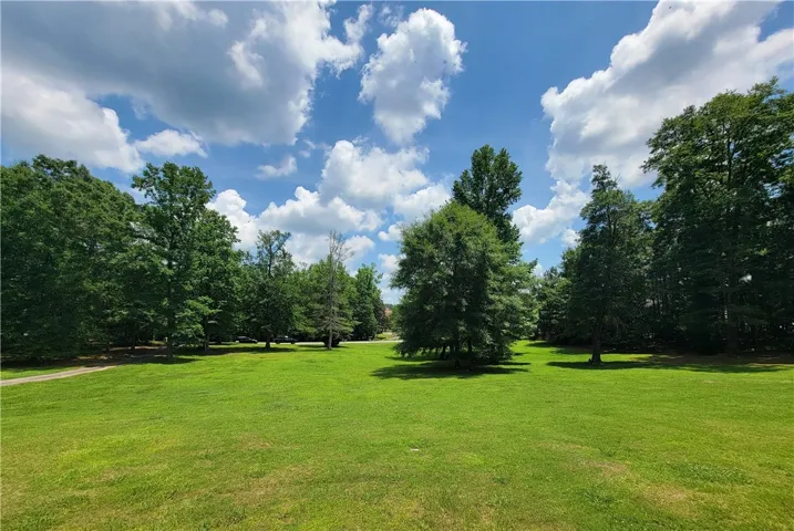 A tranquil expanse of verdant lawn framed by a dense, mature tree line under a vast blue sky.