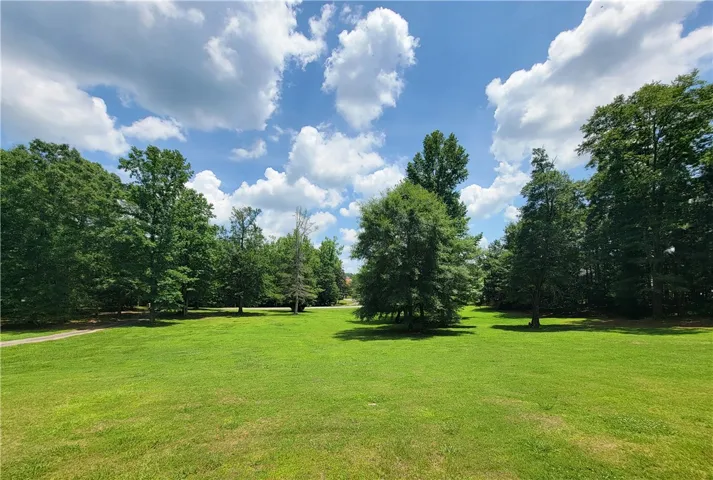 A verdant field surrounded by mature trees under a clear, cloud-dotted sky awaits your vision.