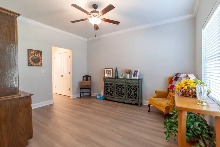 The formal dining room is spacious.