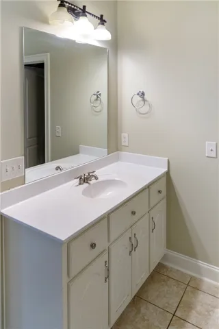 A well-appointed bathroom vanity with ample counter space and a large mirror.