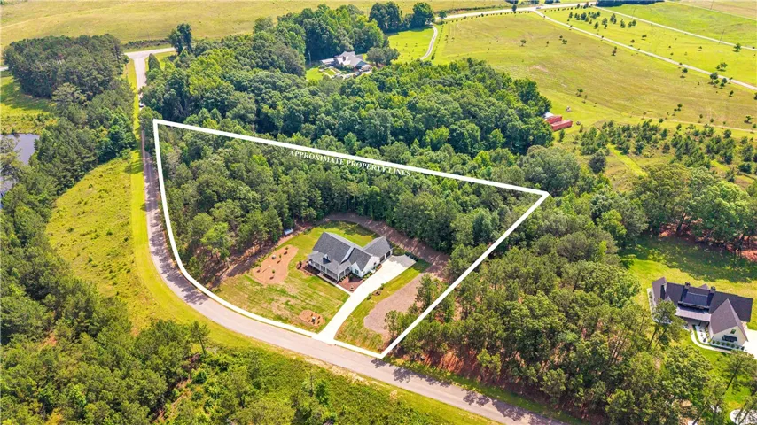 An aerial perspective reveals a private residence nestled amidst verdant forestry and open pastures.